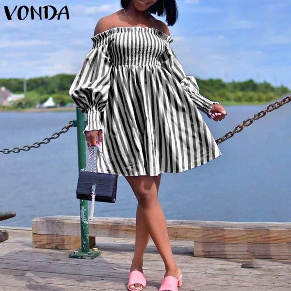 

casual dresses one shoulder dress 2021 vonda women summer sundress female pleated tunic vestido vintage lantern sleeve party, Black;gray