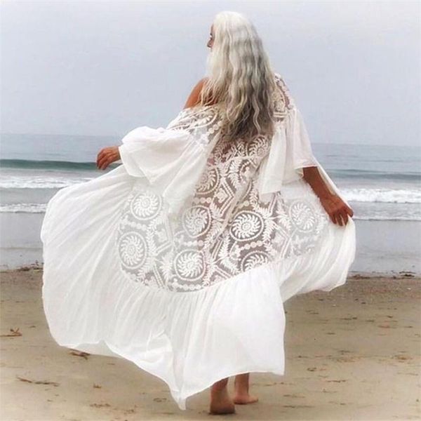 

2021 long kimono cardigan glamorous flare sleeve lace ruffed white cotton plus size women beachwear blouse n1049