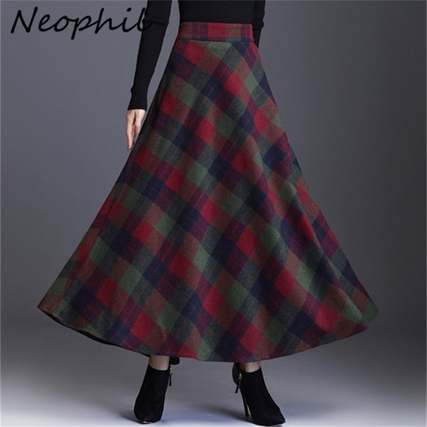

neophil woolen warm plus size 3xl plaid skirts winter women england style pockets midi pleated a line tartan skirts s9216 210315, Black