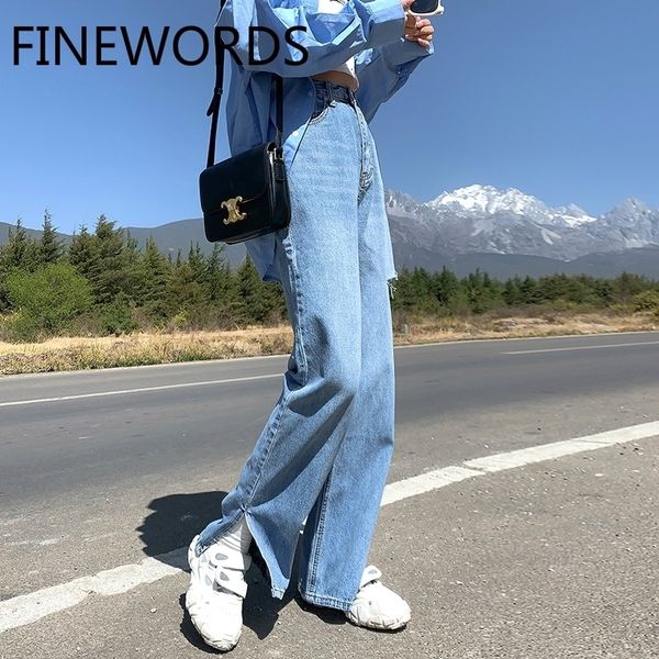 

finewords new hem side split korean jeans woman high waist loose ripped straight jeans vintage casual plus size denim pants 210222, Blue