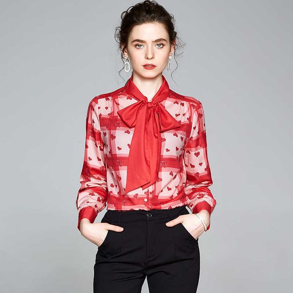 

women's blusa heart printed bow neck lady's shirts spring summer blouse plus size 3xl plaid women blouses 210529, White