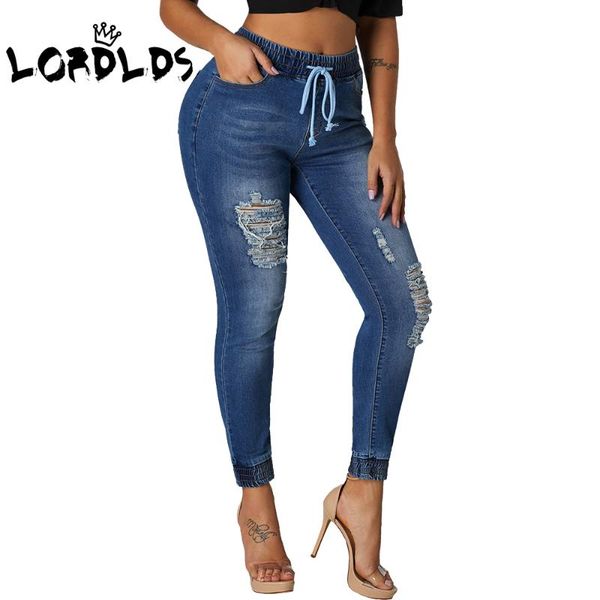 

women's jeans lordlds high waist women skinny pencil drawstring denim jogger pants ladies ripped 2021 woman trousers, Blue