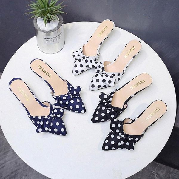 

summer thin high heels sandals butterfly knot polka dots printing vintage slip on slides party daily pointed toe shoes for lady leathe c2lp#, Black