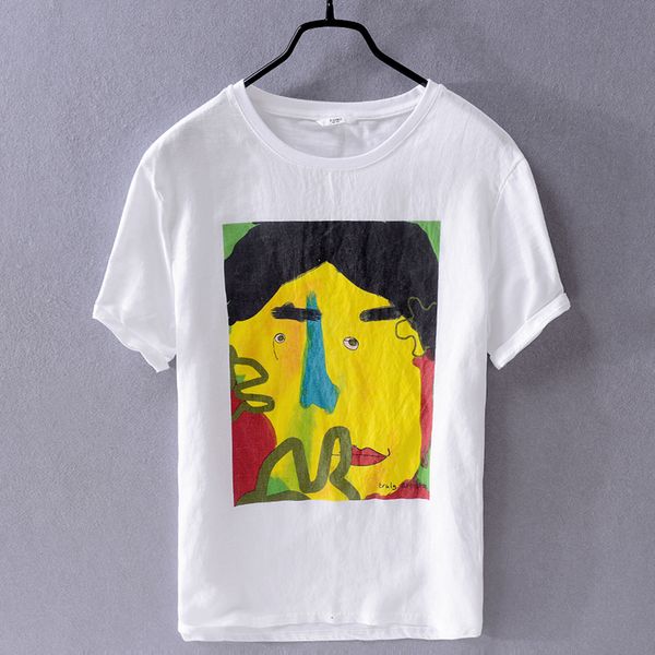 

2021 new summer mens short-sleeved linen t-shirt printing trend fashion breathable cotton t shirt men casual tshirt for male chemise fr7x, White;black