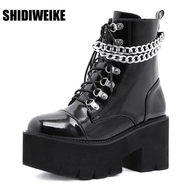 

boots patent leather gothic black women heel chain chunky platform female punk style ankle zipper vc1395