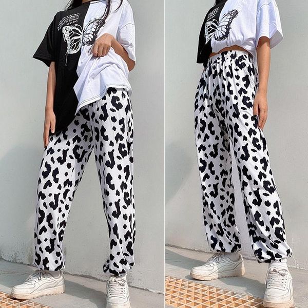 

women's pants & capris women elastic high waist milk cow print harajuku streetwear straight loose joggers trousers, Black;white