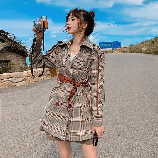 

women's trench coats korean color matching plaid coat for spring 2021, Tan;black
