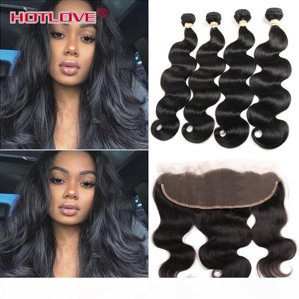 

indian body wave 4 bundle hair with lace frontal closure 8-28 inch unprocessed india virgin human hair extensions body wavy ove products, Black;brown