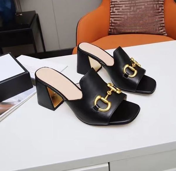 

women's designer stiletto slippers fashion ponytail buckle leather sewn sandals summer exhibition party beach shoes thick heel .5cm lu, Black