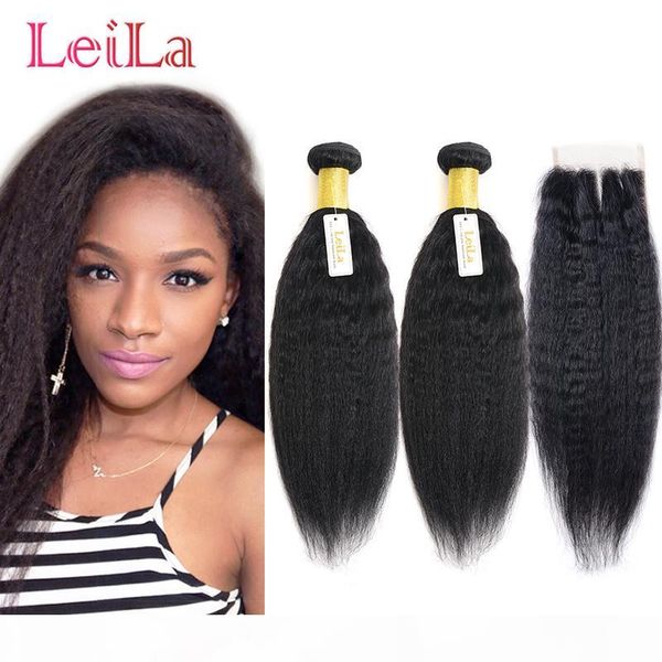 

kinky straight virgin hair 2 bundles with lace closure middle three part 3 pieces lot unprocessed human hair coarse yaki, Black;brown