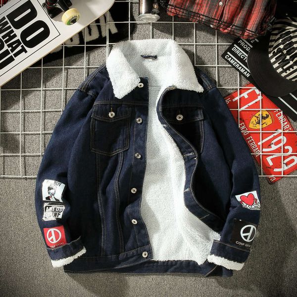 

2020 winter jacket men's korean label printing plush denim coat thickeningwinter, Black;brown