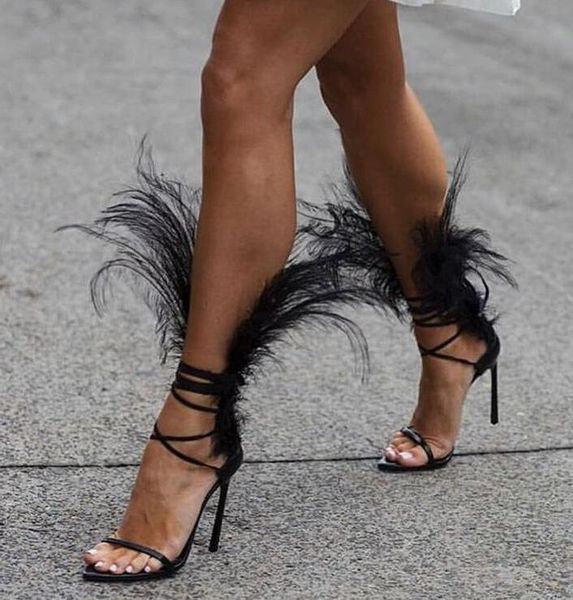 

show fashion sandals genuine leather feather stiletto heel shoes, Black