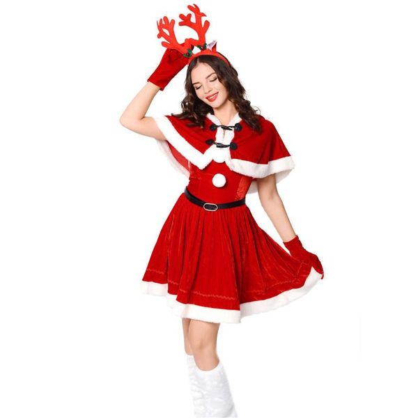 

casual dresses women's christmas costume, red cape + strapless tube dress belt gloves antler headband set female party, Black;gray