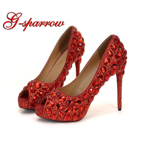 

dress shoes handmade red crystal wedding peep toe platforms rhinestone prom party thin heel nightclub pumps mom birthday, Black