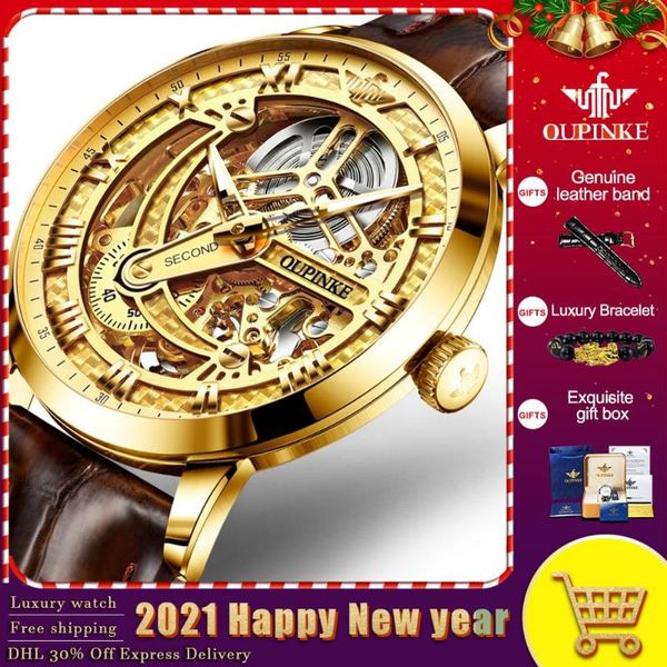 

wristwatches brand oupinke luxury men's mechanical wristwatch automatic watch men classic skeleton leather sapphire waterproof, Slivery;brown