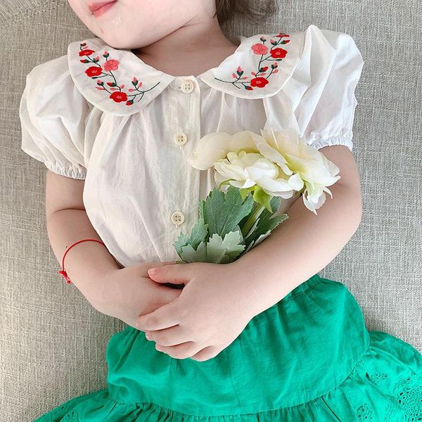 

shirts girls children vintage embroidery shirt baby kids short sleeve turn-down collar white cotton 2021 summer, White;black