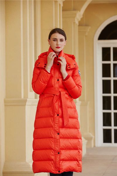 

winter down jacket women's lengthened knee ankle belt white duck coat, Black