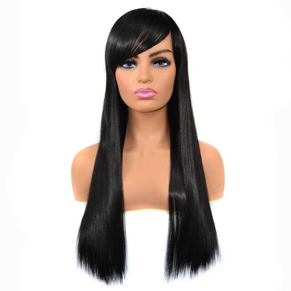 

wig oblique bangs head matte natural long straight hair wig set, Black