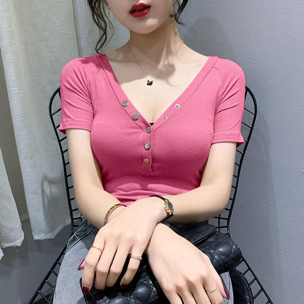 

women's t-shirt net red ins super fire v-neck collarbone 2021 summer korean short sleeve, White