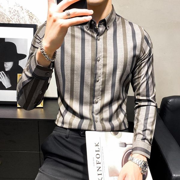 

Coreano New Formal Usar Camisas Listradas Para Roupas Masculinas Primavera Simples Fino Ajuste Escritrio Blusa Homm N375, Black;brown