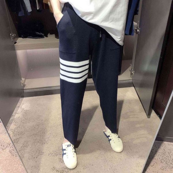 

2021 autumn and winter tb new four bar striped wool knitted casual loose straight wide leg pants, Black;white