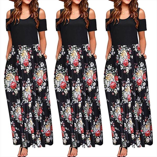 

vintage solid fashion dres floral women dress print elegant long pocket summer casual for party, Black;gray