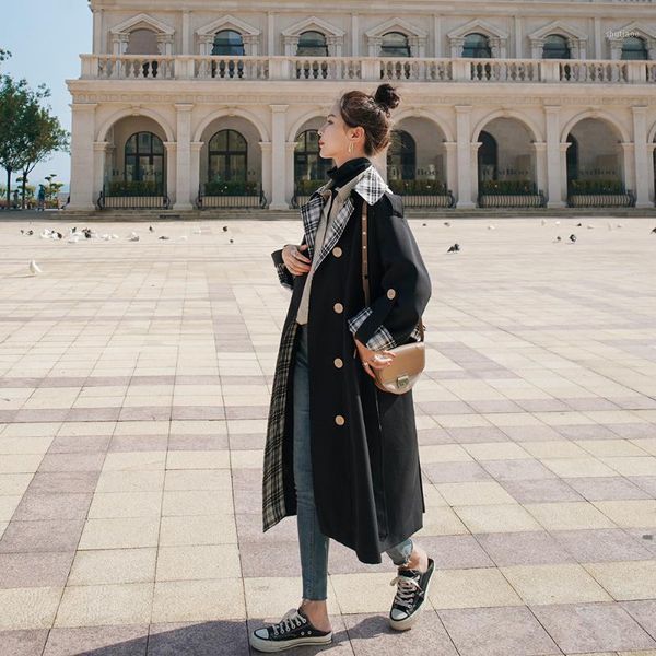 

women's wool & blends cmaz stall spot 2021 autumn contrast color trench coat b002-j, Black