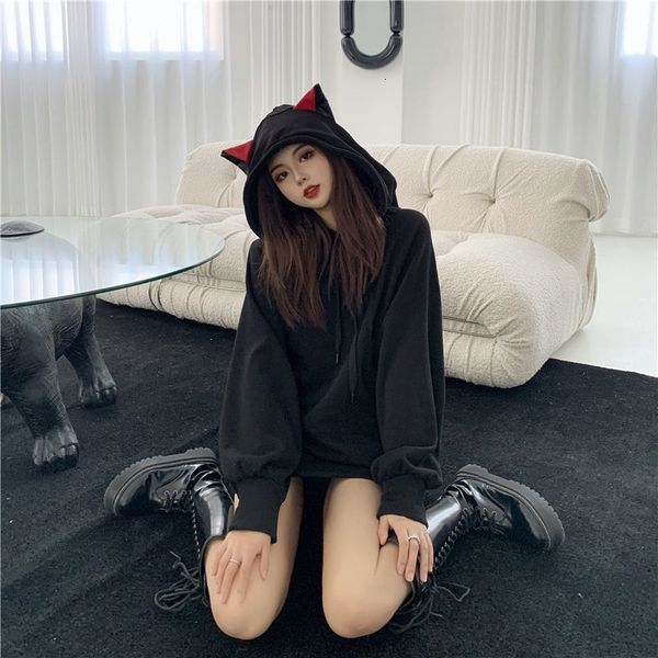

2021 new deeptown gothic hoodies inverno moda estilo coreano feminino camisola de manga longa s mais veludo quente solto pulver 0plv, Black