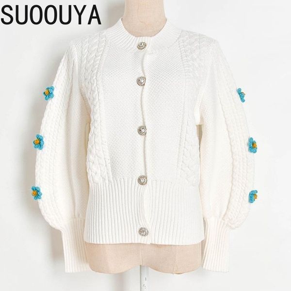 

suoouya] women cardigan twist flower puff sleeve knitted sweater single breasted knit retro women spring korean 2021 new, White