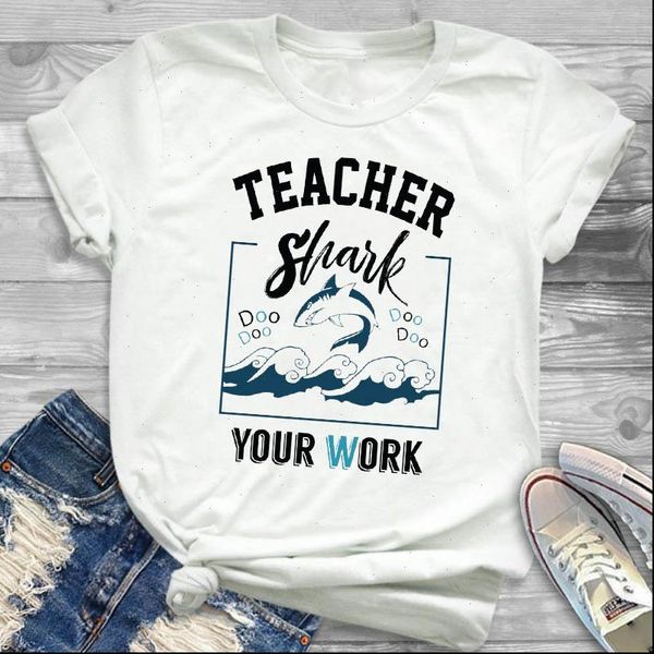 

women lady t shirt teacher shark printed tshirt ladies short sleeve loose tee shirt women female clothes graphic, White