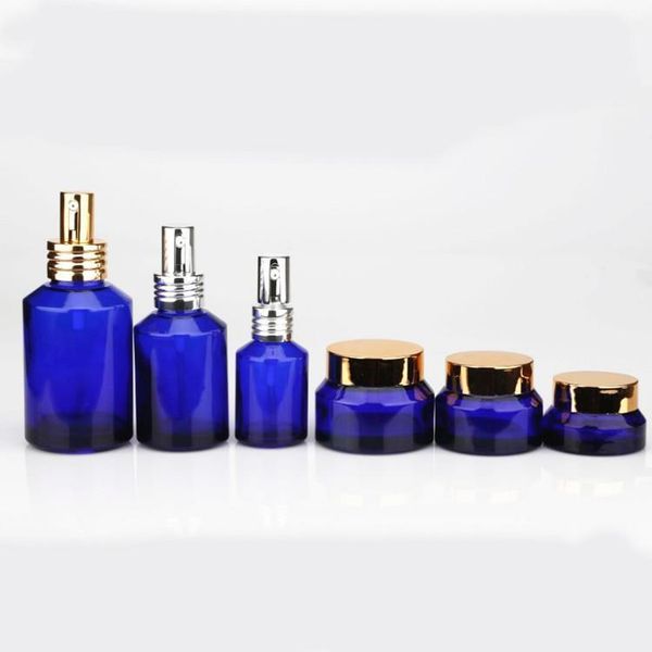 

storage bottles & jars wholesale blue skin care essential oil glass bottle and cream jar pot full set dropper packaging with spray pipette