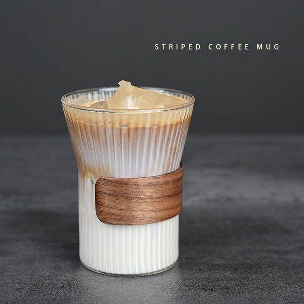 

mugs 250ml striped glass coffee mug with wooden handgrip borosilicate heat-resistant cup tea milk juice japanese drinkware