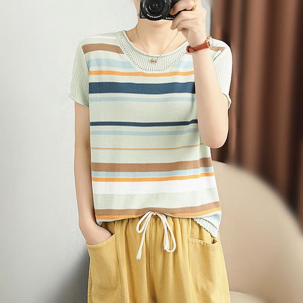 

women's t-shirt 2021 summer cotton knitwear sweater short sleeve art leisure splicing horizontal stripe round neck thin, White