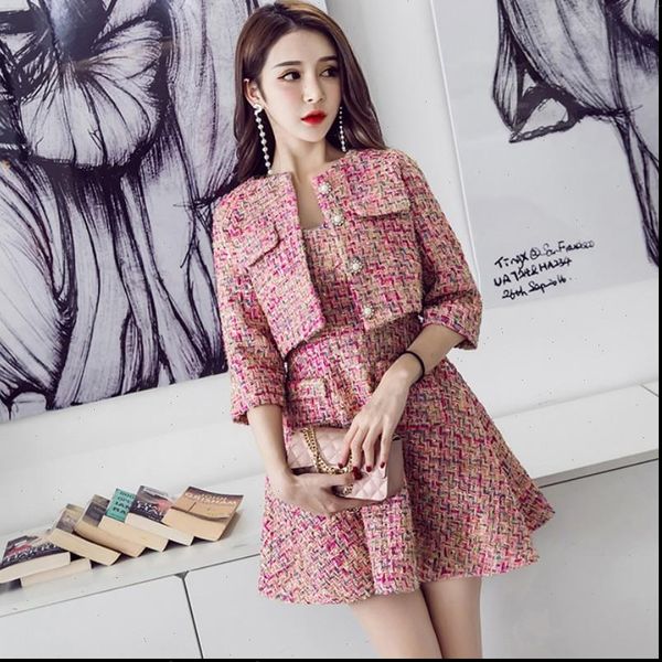

autumn winter runway tweed 2 womens dresses piece set short jacket coat mini tank wool blend skirt suits office female, White