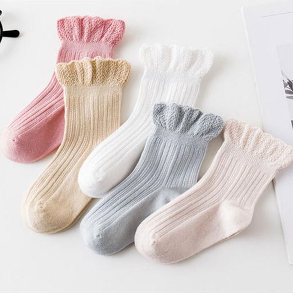 

toddler kids girls socks breathable cotton solid flouncing boneless short princess mesh tube knee high spanish 3-12 years, Pink;yellow
