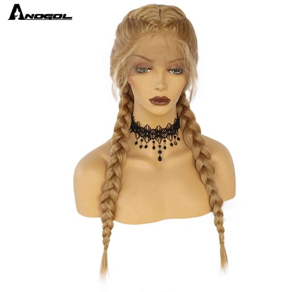 

anogol braided purple wig middle part blonde synthetic lace front heat resistant double box braid s for black women, Black;brown