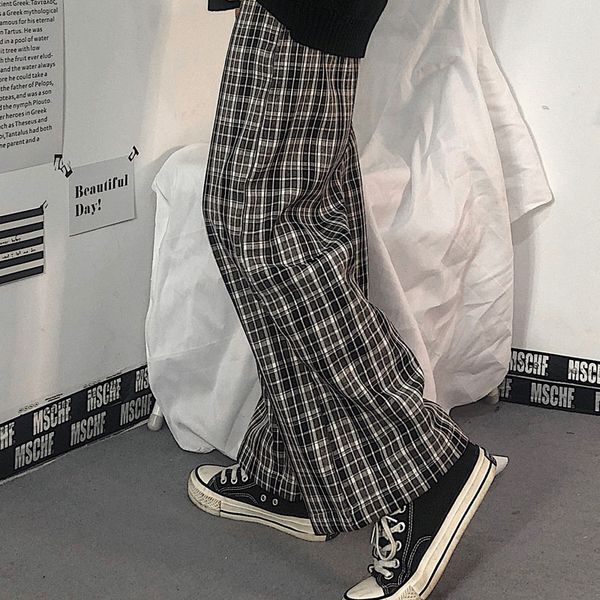 

vintage plaid pants elastic waist pants women high waist plus size wide leg pants casual female korean trousers women, Black;white