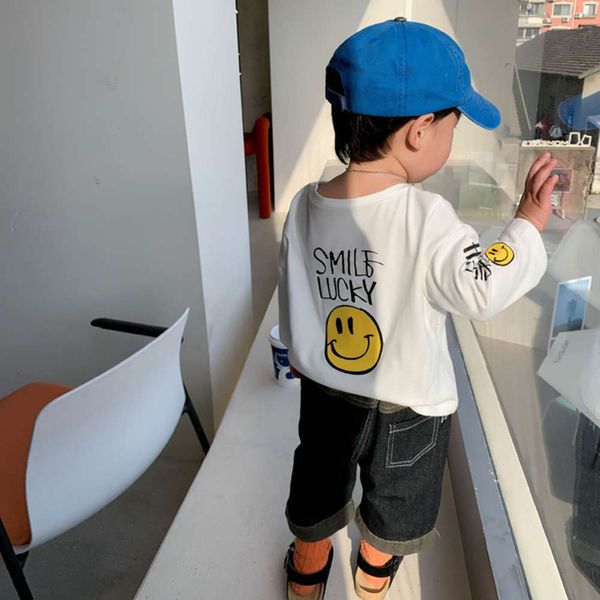 

white cotton children's smiley face thin 2021 spring new korean baby boy's t-shirt long sleeve, Blue