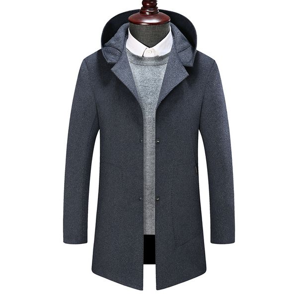 

winter men's fashions lined fleece with hood casual wool thicken long male outerwear coat s1a9, Black