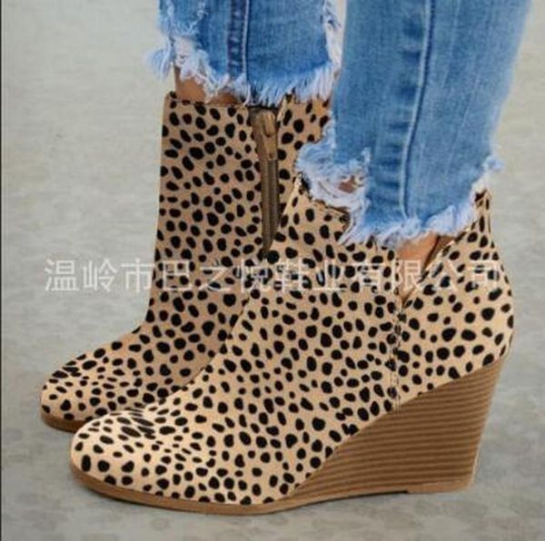 

boots pointed toe booties winter women leopard ankle lace up footwear platform high heels wedges shoes woman bota feminina, Black