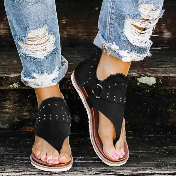 

sandals women round toe zipper studded solid color ladies thong summer fashion outdoor beach casual female footwear, Black