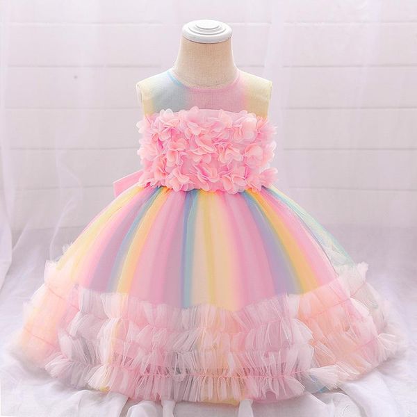 

girl's dresses flower petal colorful baptism 1st birthday dress for baby girl clothing cake princess lace party child clothes, Red;yellow