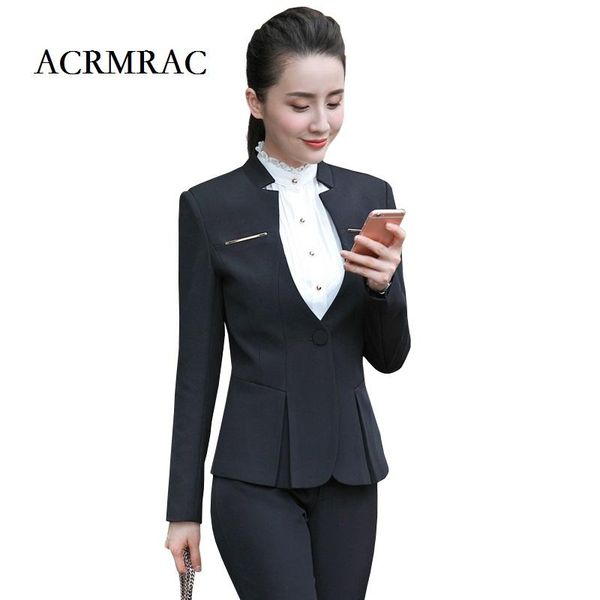

women's suits & blazers acrmrac women formal wear suit long sleeves solid color slim ol pant business attire, White;black