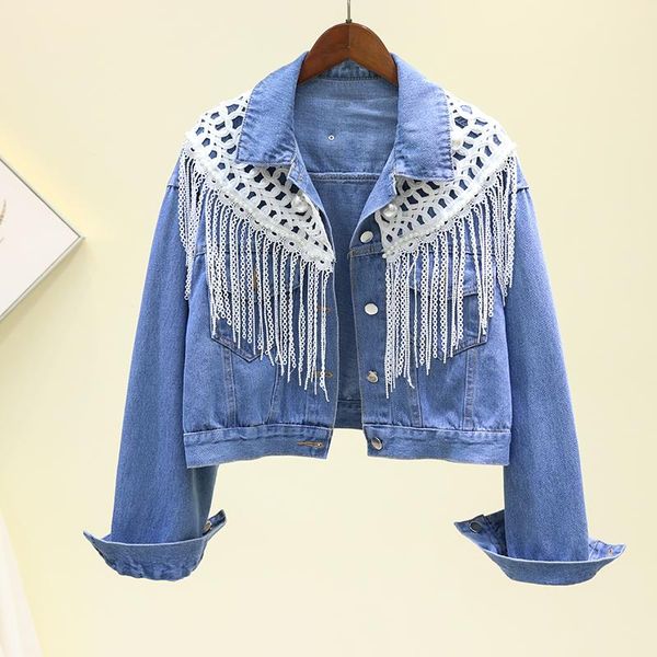 

women's jackets 2021 early spring korean pearl tassel denim jacket women short harajuku vintage casual jeans ladies fashion outerwear, Black;brown