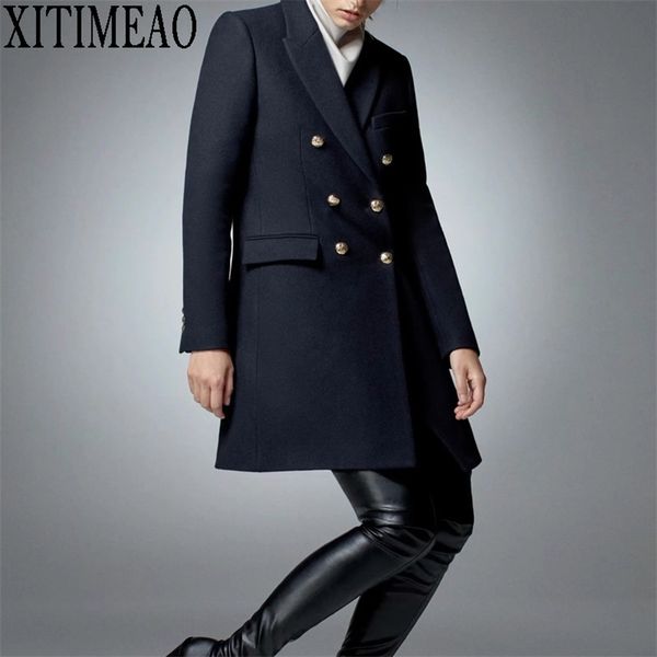 

za women fashion double-breasted slim woolen jacket coat vintage long sleeve side pockets female outerwear chic overcoat 211106, Black