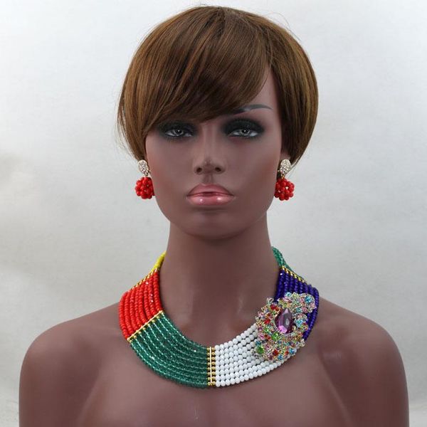 

earrings & necklace splendid chromatic african jewelry beads set nigerian wedding costume crystal sets handmade hx444, Silver