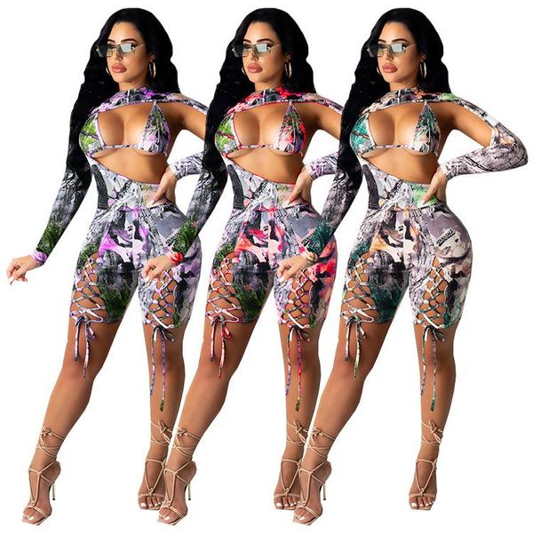 

women's tracksuits zaggin 2021 autumn fashion women printing 3-colors chest-wrapped 2-pieces sets backless drawstring knee-length pants, Gray