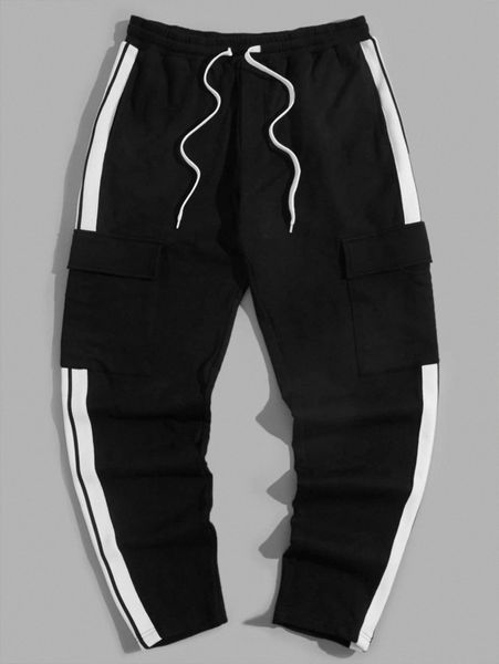 

men drawstring waist contrast side seam sweatpants h4kf#, Black