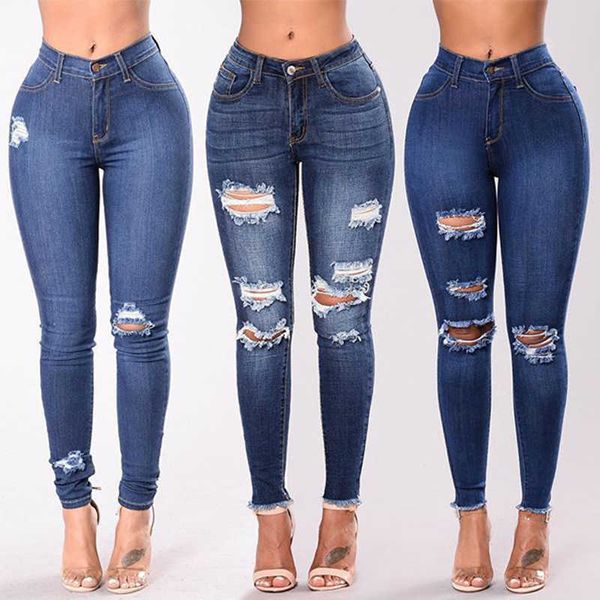 

spring fashion high waist mom jeans female ripped for women black denim skinny woman plus size pencil pants 210927, Blue