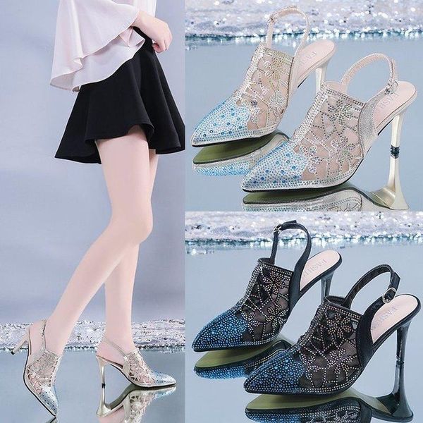 

sandals women's fashion 2021 summer pointed-toe crystal buckle high heels party mesh rhinestone ladies shoes zapatillas mujer, Black